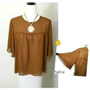Brown Flowy Blouse Bell Sleeves Georgette  Chest Pleated Round Neck Hi-low Cut